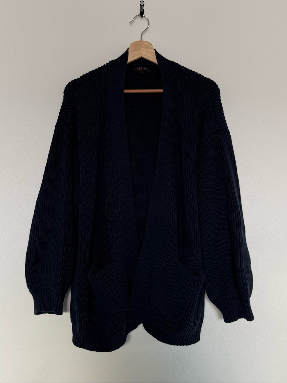 Quince 100% Organic Cotton Ribbed Knit Oversized Cardigan Womens Navy Sz L